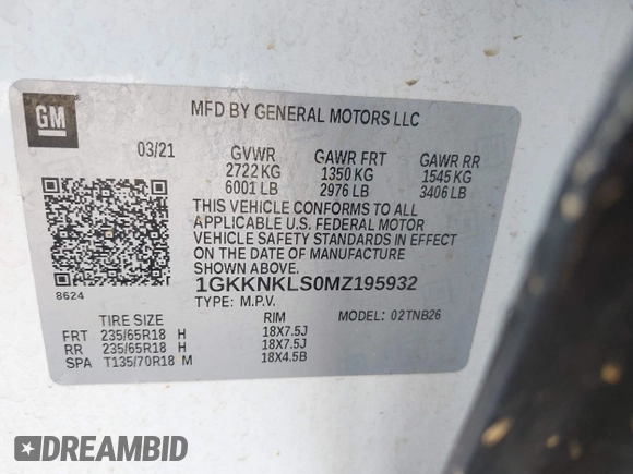 2021 GMC Acadia SLE z VIN 1GKKNKLS0MZ195932, wystawiony jako IAAI lot #42049831 z przebiegiem 148 757 mil mil oraz . Historia ofert i sprzedaży dostępna na DreamBid. Obrazek 9.