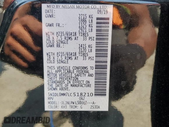 2020 Infiniti QX60 Pure with VIN 5N1DL0MM7LC518210, listed as a Copart auction lot 59403765 with 55,171 mi miles and Salvage title. Bid and sale history available at DreamBid. Image 13.