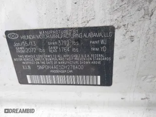 2013 Hyundai Elantra GLS PZEV with VIN 5NPDH4AE5DH278400, listed as a IAAI auction lot 41446886 with 183,429 mi miles. Bid and sale history available at carsss.com. Image 9.