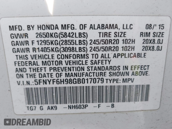 2016 Honda Pilot Touring with VIN 5FNYF6H98GB017079, listed as a IAAI auction lot 42055272 with 142,726 mi miles and . Bid and sale history available at DreamBid. Image 9.