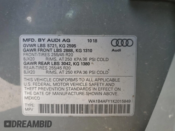 2019 Audi SQ5 Premium Plus with VIN WA1B4AFY1K2015849, listed as a Copart auction lot 52017083 with 25,465 mi miles. Bid and sale history available at carsss.com. Image 13.
