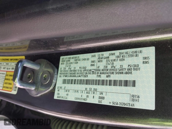 2020 Ford Escape SE with VIN 1FMCU9G66LUA77223, listed as a IAAI auction lot 42040652 with 85,589 mi miles and . Bid and sale history available at DreamBid. Image 9.