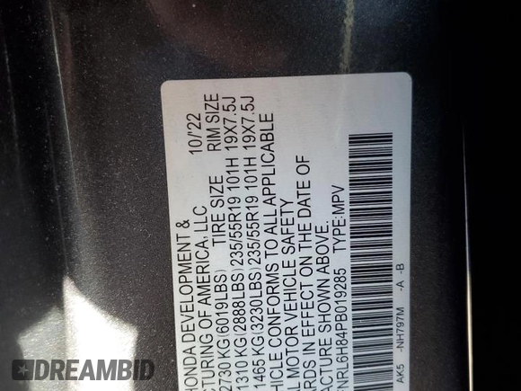2023 Honda Odyssey Touring with VIN 5FNRL6H84PB019285, listed as a Copart auction lot 47066455 with 29,053 mi miles and Salvage Title. Bid and sale history available at DreamBid. Image 14.