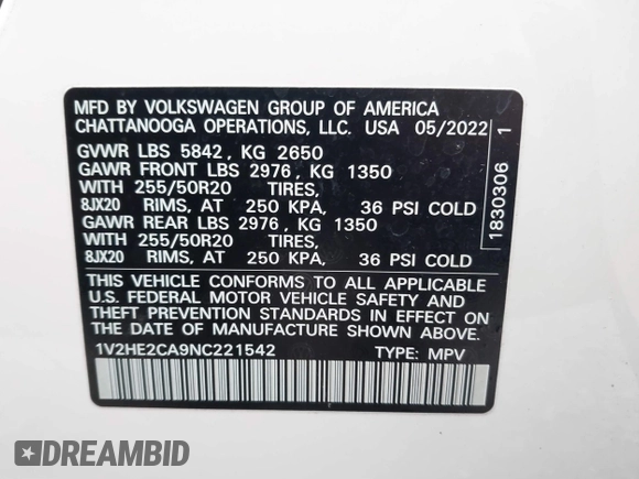2022 Volkswagen Atlas SE с VIN 1V2HE2CA9NC221542, выставлен на аукционе IAAI как лот 41088516 с пробегом 26 124 миль миль и . История ставок и продаж доступна на DreamBid. Изображение 9.