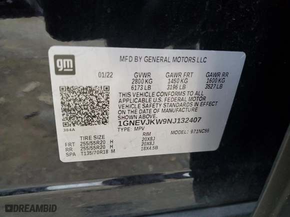2022 Chevrolet Traverse RS with VIN 1GNEVJKW9NJ132407, listed as a Copart auction lot 72622014 with 89,314 mi miles and Salvage Title. Bid and sale history available at carsss.com. Image 12.