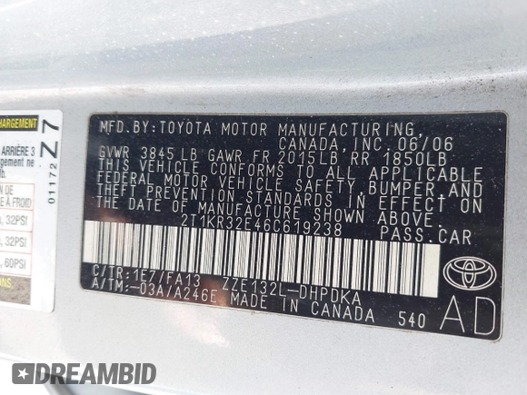 2006 Toyota Matrix STD with VIN 2T1KR32E46C619238, listed as a IAAI auction lot 42242301 with 194,840 mi miles and . Bid and sale history available at DreamBid. Image 9.