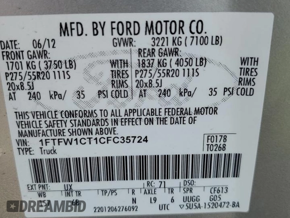 2012 Ford F-150 XL with VIN 1FTFW1CT1CFC35724, listed as a Copart auction lot 49000095 with 209,713 mi miles and Salvage Title. Bid and sale history available at carsss.com. Image 12.