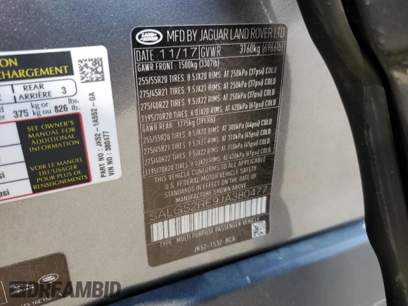 2018 Land Rover Range Rover with VIN SALGS2RE9JA380477, listed as a Copart auction lot 63457955 with 46,568 mi miles and Salvage title. Bid and sale history available at DreamBid. Image 13.