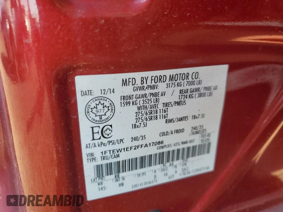 2015 Ford F-150 XLT with VIN 1FTEW1EF2FFA17086, listed as a Copart auction lot 62888355 with 175,134 mi miles and Salvage title. Bid and sale history available at DreamBid. Image 12.