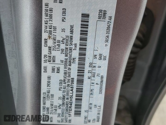 2020 Ford Ranger XL with VIN 1FTER4EH5LLA87088, listed as a Copart auction lot 44439075 with 86,053 mi miles and Salvage Title. Bid and sale history available at DreamBid. Image 13.