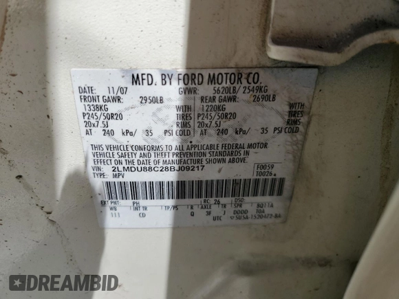 2008 Lincoln MKX z VIN 2LMDU88C28BJ09217, wystawiony jako Copart lot #56649345 z przebiegiem 179 870 mil mil oraz Szkoda całkowita • Salvage title. Historia ofert i sprzedaży dostępna na DreamBid. Obrazek 13.