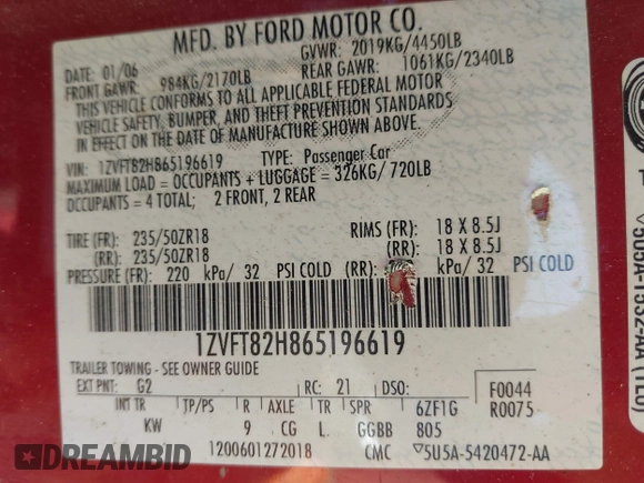2006 Ford Mustang GT Deluxe с VIN 1ZVFT82H865196619, выставлен на аукционе IAAI как лот 42408724 с пробегом 199 280 миль миль и . История ставок и продаж доступна на DreamBid. Изображение 9.