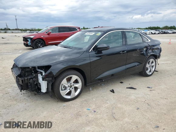 2023 Audi A3 Premium with VIN WAUGUDGY2PA108725, listed as a Copart auction lot 44036844 with 29 mi miles. Bid and sale history available at carsss.com. Image 1.