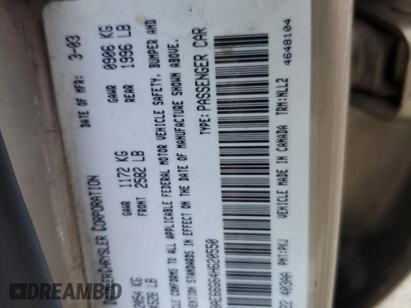 2004 Chrysler 300M M z VIN 2C3AE66G64H620550, wystawiony jako Copart lot #57622754 z przebiegiem 100 064 mil mil oraz Szkoda całkowita • Salvage title. Historia ofert i sprzedaży dostępna na DreamBid. Obrazek 12.
