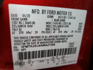 2022 Ford Mustang Mach-E California Route 1 z VIN 3FMTK2SU6NMA27268, wystawiony jako Copart lot #85608674 z przebiegiem Nie podano mil oraz Szkoda całkowita • Salvage title. Historia ofert i sprzedaży dostępna na DreamBid. Obrazek 12.