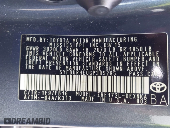 2016 Toyota Corolla L with VIN 5YFBURHE0GP385285, listed as a IAAI auction lot 41117161 with 62,916 mi miles and . Bid and sale history available at DreamBid. Image 9.