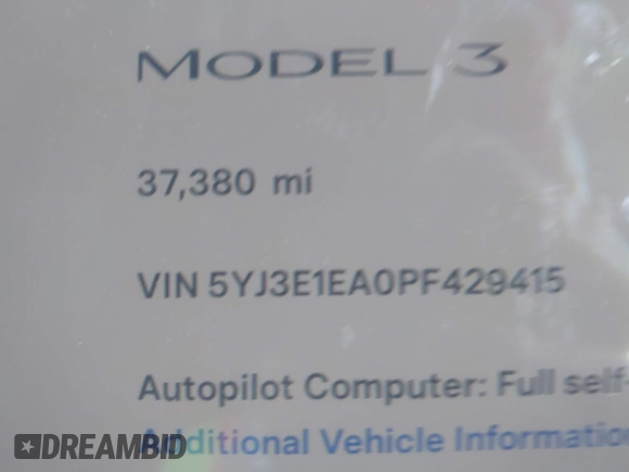 2023 Tesla Model 3 с VIN 5YJ3E1EA0PF429415, выставлен на аукционе IAAI как лот 41590189 с пробегом 37 380 миль миль и . История ставок и продаж доступна на DreamBid. Изображение 15.