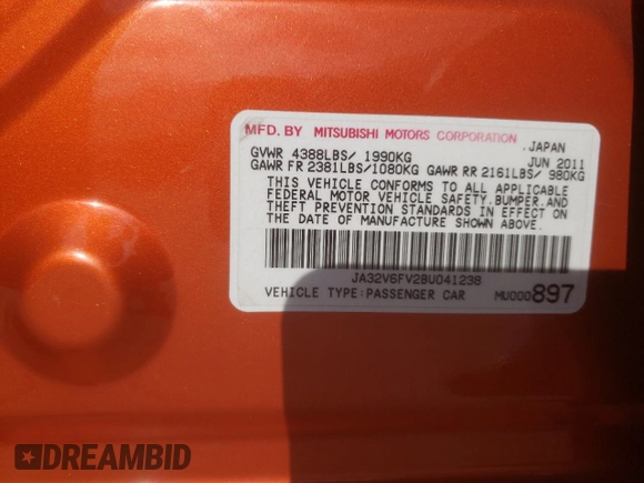 2011 Mitsubishi Lancer Ralliart with VIN JA32V6FV2BU041238, listed as a Copart auction lot 62651394 with 142,469 mi miles and Salvage Title. Bid and sale history available at DreamBid. Image 12.