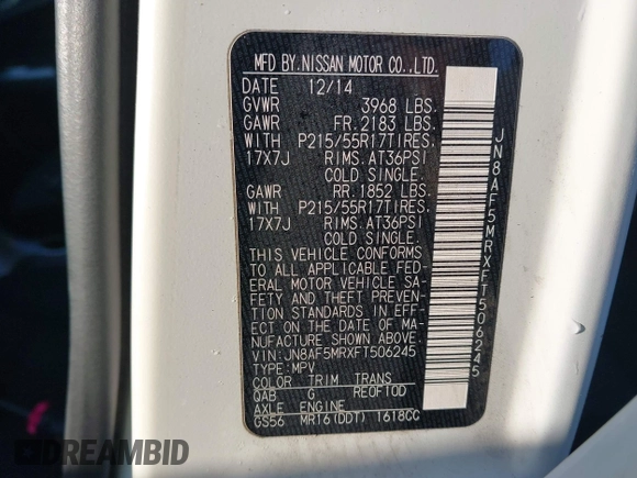 2015 Nissan Juke S with VIN JN8AF5MRXFT506245, listed as a IAAI auction lot 42225251 with 138,902 mi miles and . Bid and sale history available at DreamBid. Image 9.