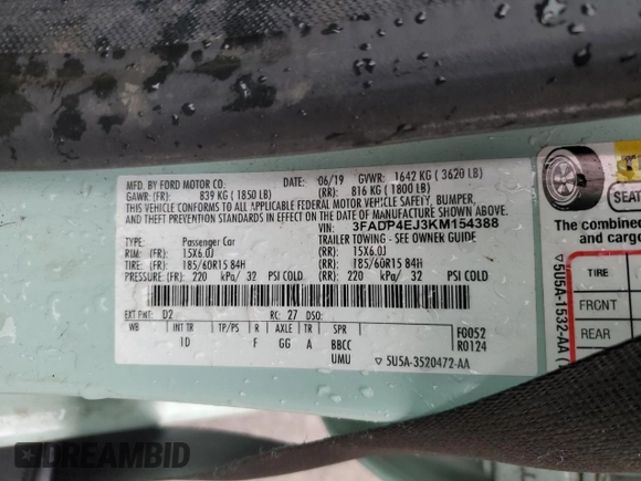 2019 Ford Fiesta SE with VIN 3FADP4EJ3KM154388, listed as a Copart auction lot 53260375 with 45,126 mi miles and Salvage Title. Bid and sale history available at DreamBid. Image 13.