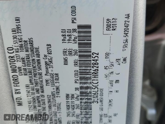 2017 Lincoln MKZ Select with VIN 3LN6L5CC1HR628452, listed as a Copart auction lot 43435425 with 69,752 mi miles and Salvage Title. Bid and sale history available at DreamBid. Image 12.