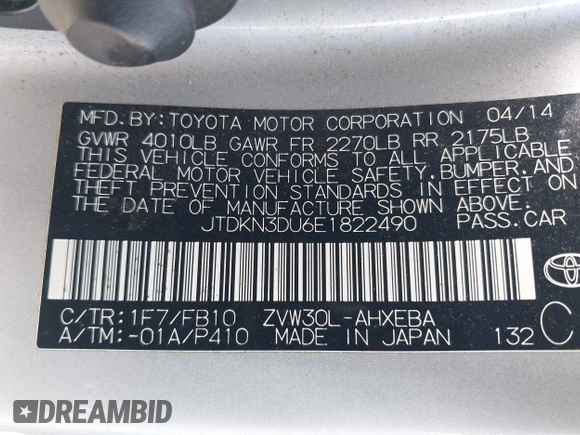 2014 Toyota Prius Four with VIN JTDKN3DU6E1822490, listed as a IAAI auction lot 42182797 with 192,338 mi miles. Bid and sale history available at carsss.com. Image 6.