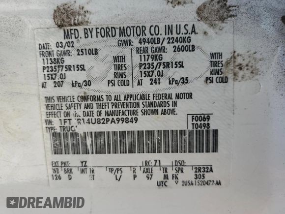 2002 Ford Ranger XL with VIN 1FTYR14U82PA99849, listed as a Copart auction lot 52365325 with 248,297 mi miles and Salvage Title. Bid and sale history available at DreamBid. Image 14.