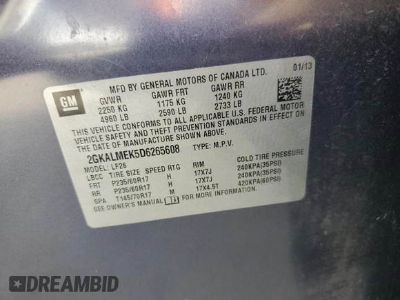 2013 GMC Terrain SLE with VIN 2GKALMEK5D6265608, listed as a Copart auction lot 48771585 with 159,567 mi miles and Salvage Title. Bid and sale history available at carsss.com. Image 14.