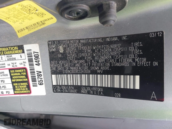 2012 Toyota Sienna XLE AAS with VIN 5TDYK3DC6CS243008, listed as a IAAI auction lot 40351580 with 157,752 mi miles and . Bid and sale history available at DreamBid. Image 9.
