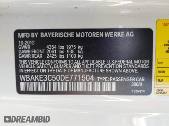 2013 BMW 3 Series 328i with VIN WBAKE3C50DE771504, listed as a IAAI auction lot 41909952 with 120,312 mi miles and . Bid and sale history available at DreamBid. Image 9.