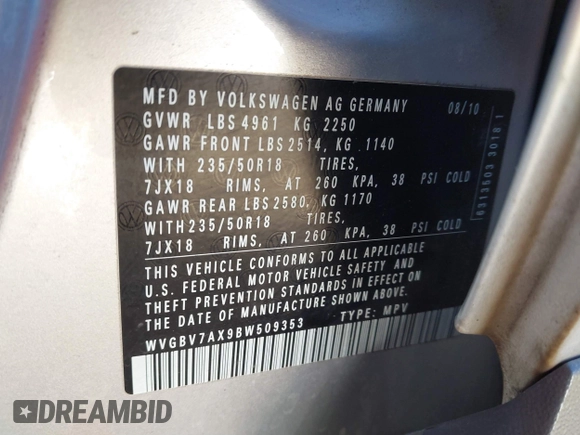 2011 Volkswagen Tiguan SE with VIN WVGBV7AX9BW509353, listed as a IAAI auction lot 41645315 with 112,283 mi miles and . Bid and sale history available at DreamBid. Image 9.