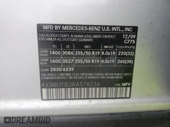 2010 Mercedes-Benz M 350 with VIN 4JGBB2FB3AA578236, listed as a Copart auction lot 48998425 with 192,356 mi miles and Clean Title. Bid and sale history available at DreamBid. Image 12.