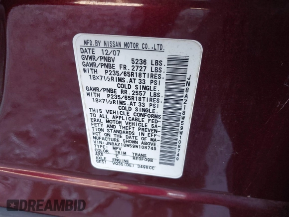 2009 Nissan Murano SL with VIN JN8AZ18W59W108749, listed as a IAAI auction lot 41790025 with 151,179 mi miles and . Bid and sale history available at DreamBid. Image 9.