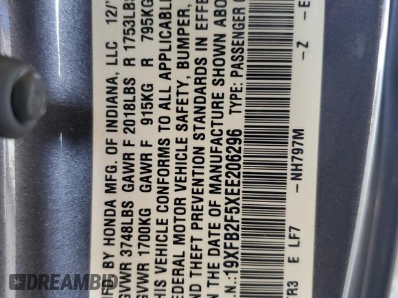 2014 Honda Civic LX z VIN 19XFB2F5XEE206296, wystawiony jako Copart lot #55539145 z przebiegiem 137 556 mil mil oraz Szkoda całkowita • Salvage title. Historia ofert i sprzedaży dostępna na DreamBid. Obrazek 12.