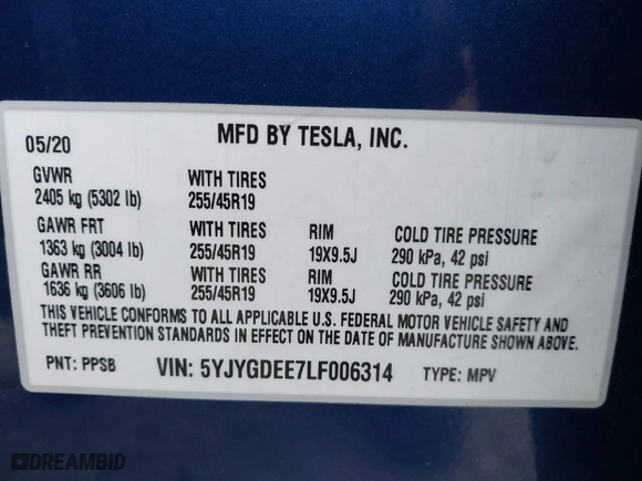 2020 Tesla Model Y Long Range with VIN 5YJYGDEE7LF006314, listed as a IAAI auction lot 41488196 with 50,095 mi miles. Bid and sale history available at carsss.com. Image 9.