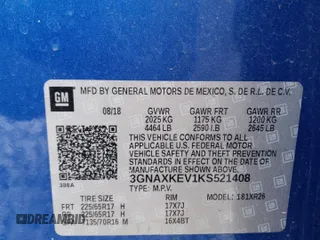 2019 Chevrolet Equinox LT with VIN 3GNAXKEV1KS521408, listed as a Copart auction lot 52969055 with 56,978 mi miles and Salvage Title. Bid and sale history available at DreamBid. Image 13.