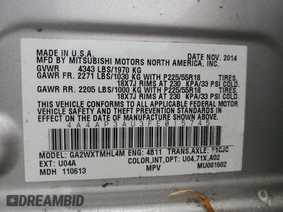 2015 Mitsubishi Outlander Sport ES with VIN 4A4AP3AU3FE015745, listed as a Copart auction lot 51585345 with 114,670 mi miles and Salvage Title. Bid and sale history available at carsss.com. Image 13.