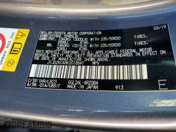 2019 Lexus RX 350L Premium with VIN JTJDZKCA8K2018841, listed as a Copart auction lot 54181935 with 107,276 mi miles and Salvage title. Bid and sale history available at DreamBid. Image 12.