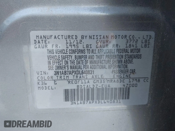 2013 Nissan Sentra S with VIN 3N1AB7APXDL640831, listed as a IAAI auction lot 40682260 with Not Provided miles and . Bid and sale history available at DreamBid. Image 9.