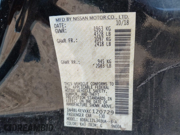 2019 Nissan Altima 2.5 SL with VIN 1N4BL4EVXKC120729, listed as a IAAI auction lot 39457605 with 132,189 mi miles. Bid and sale history available at carsss.com. Image 9.