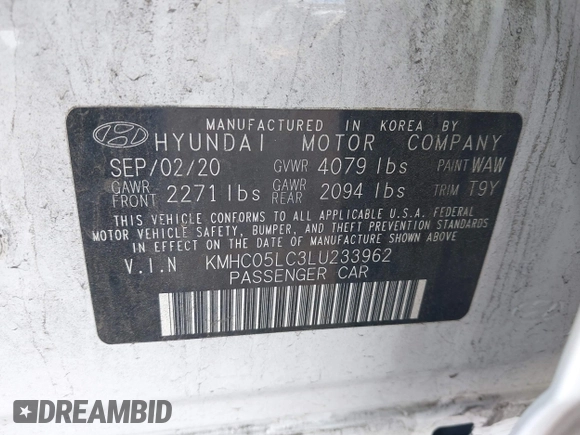 2020 Hyundai Ioniq Limited with VIN KMHC05LC3LU233962, listed as a IAAI auction lot 41864980 with 111,258 mi miles and . Bid and sale history available at DreamBid. Image 9.