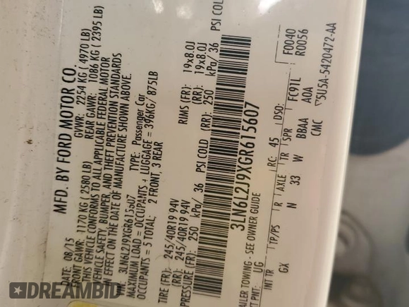 2016 Lincoln MKZ with VIN 3LN6L2J9XGR615607, listed as a Copart auction lot 53950915 with 100,368 mi miles and Salvage Title. Bid and sale history available at DreamBid. Image 13.