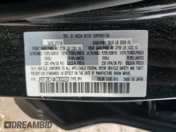 2019 Mazda CX-9 Touring with VIN JM3TCBCY4K0300233, listed as a Copart auction lot 59424225 with 50,337 mi miles and Salvage title. Bid and sale history available at DreamBid. Image 14.