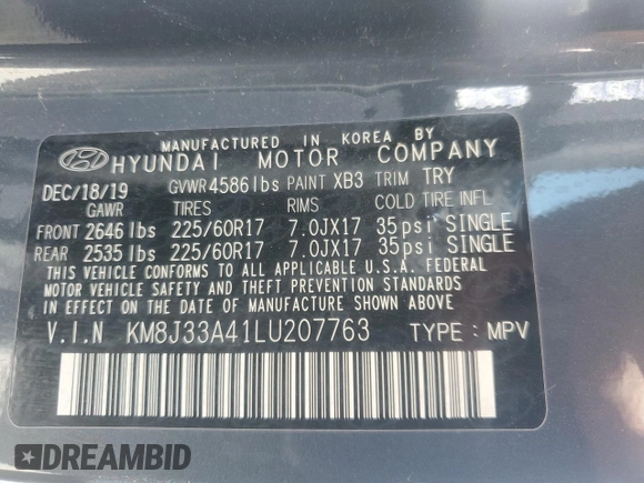 2020 Hyundai Tucson Value с VIN KM8J33A41LU207763, выставлен на аукционе Copart как лот 54061245 с пробегом 57 865 миль миль и Списание • Salvage title. История ставок и продаж доступна на DreamBid. Изображение 12.