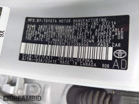 2014 Toyota Corolla L с VIN 2T1BURHE3EC098956, выставлен на аукционе IAAI как лот 41975655 с пробегом 110 663 миль миль и . История ставок и продаж доступна на DreamBid. Изображение 9.