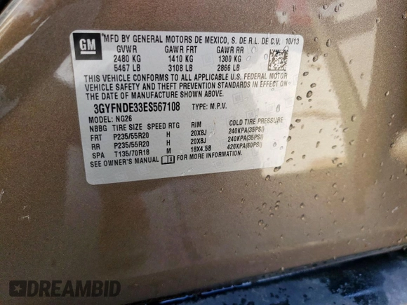 2014 Cadillac SRX Premium Collection with VIN 3GYFNDE33ES567108, listed as a Copart auction lot 55970265 with 97,720 mi miles and Salvage title. Bid and sale history available at DreamBid. Image 14.