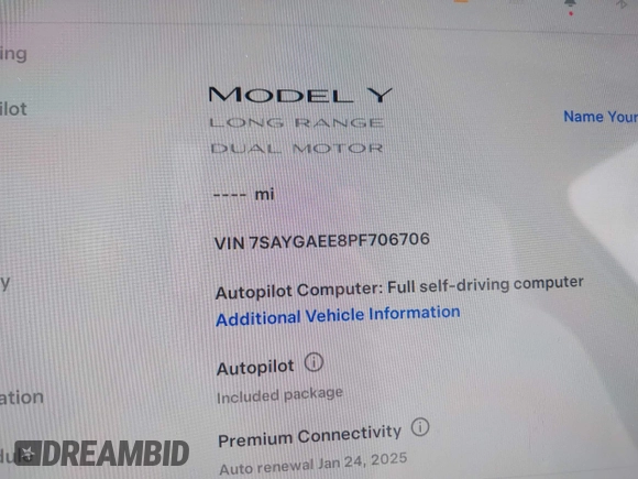 2023 Tesla Model Y Long Range with VIN 7SAYGAEE8PF706706, listed as a IAAI auction lot 41297340 with 24,428 mi miles and . Bid and sale history available at DreamBid. Image 7.