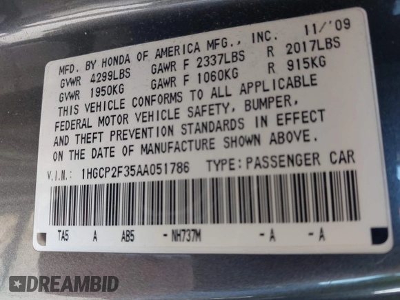 2010 Honda Accord LX with VIN 1HGCP2F35AA051786, listed as a IAAI auction lot 42334197 with 162,996 mi miles and . Bid and sale history available at DreamBid. Image 9.