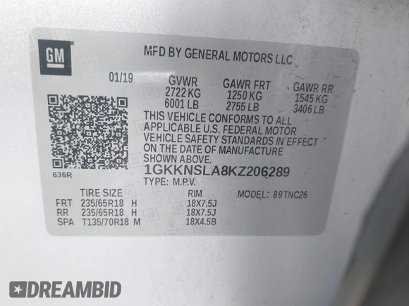2019 GMC Acadia SLE with VIN 1GKKNSLA8KZ206289, listed as a IAAI auction lot 41617786 with 136,097 mi miles and . Bid and sale history available at DreamBid. Image 9.
