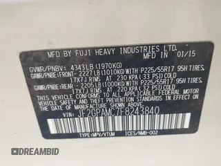 2015 Subaru Crosstrek Limited with VIN JF2GPAMC7F8243840, listed as a IAAI auction lot 42546523 with 159,642 mi miles and . Bid and sale history available at DreamBid. Image 9.